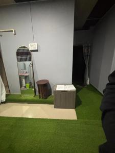 a room with green carpet and a table and a mirror at RADHE RADHE HOMESTAy in Dithur