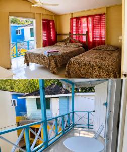 two pictures of a room with two beds and a balcony at Rooms on the 7 Mile in Negril