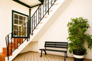 a bench next to a staircase with a plant at Casa Los Profesores, encanto tradicional canario en La Orotava in La Orotava