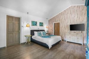 a bedroom with a bed and a flat screen tv at Bamboo Bonaire by Boutique Bonaire Unique Resorts in Kralendijk