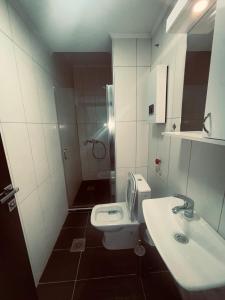 a small bathroom with a toilet and a sink at Mia Apartment in Veles