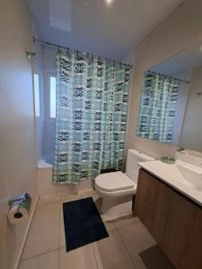 a bathroom with a toilet and a sink and a shower curtain at Pucón Soñado Te Espera in Pucón +27 photos
