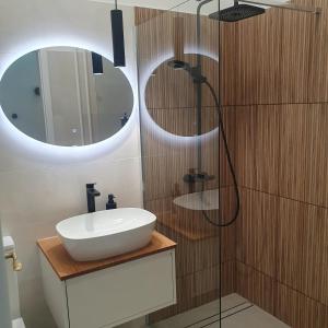 a bathroom with a sink and a shower with a mirror at Bzs5 in Pécs +7 photos