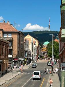 a busy city street with cars and people crossing the street at Bzs5 in Pécs