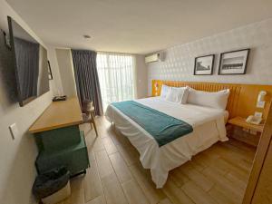 a hotel room with a large bed and a desk at Oliva Plaza Hotel in Guadalajara