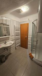 a bathroom with a sink and a shower and a door at Rooms & Apartment Jozić in Prozor +27 photos