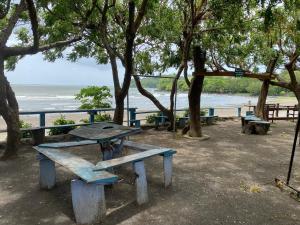 a picnic table and a bench at the beach at Hotel Restaurante Los Cocos in Santa Cruz