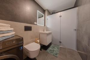 a bathroom with a toilet and a sink and a shower at Island Safehouse in Olomouc +6 photos