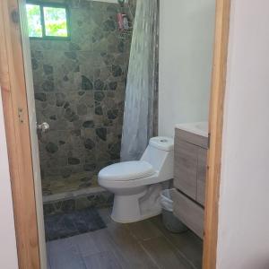 a bathroom with a toilet and a shower at Torogoz Apartment km61 5 in Jicalapa