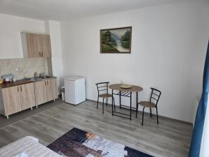 a kitchen with a table and chairs in a room at NP Luxury Apartments in Novi Pazar