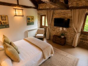 a bedroom with a bed and a tv and a chair at Elemergia in Irijoa