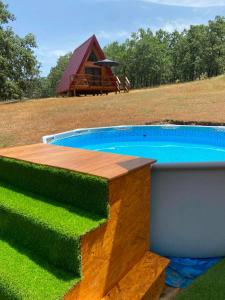 a swimming pool in a field with a house at El Roble Glamping - Cabaña Container - Pet Friendly in Lagunilla
