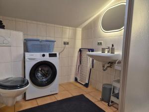 a bathroom with a washing machine and a sink at Monteurswohnung Bredstedt in Bredstedt