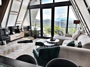 a living room with a couch and a tv and windows at Jahorina Luxury Chalets in Jahorina