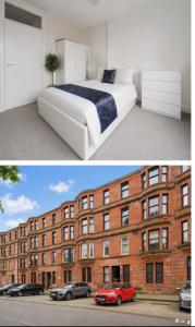 two pictures of a bed in front of a brick building at Comfortable 2-Bed Flat with Free Parking in Paisley