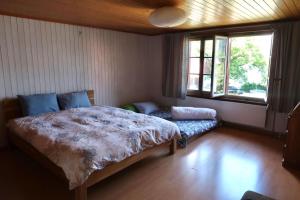 a bedroom with a large bed and a window at Lakeview Chalet 1 , Drligen in Därligen