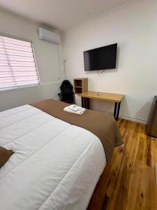 a bedroom with a bed and a desk and a television at Hotel San Francisco De la Selva in Copiapó