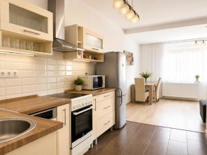 a kitchen with a sink and a refrigerator at LOTZ Apartman in Pécs