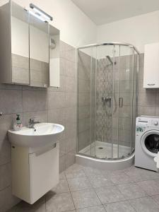 a bathroom with a shower and a sink and a washing machine at LOTZ Apartman in Pécs