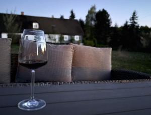 a glass of wine sitting on top of a table at House Pankraz Jitrava in Rynoltice