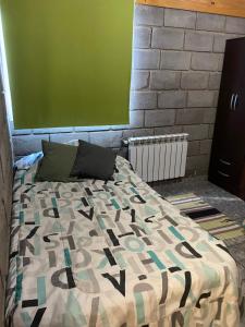 a bedroom with a bed and a green wall at Los Duraznillos in Los Antiguos