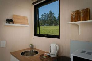 a small kitchen with a sink and a window at Tiny Tallowood by Tiny Away in Glenreagh