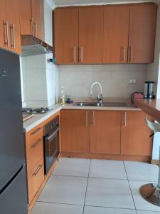 a kitchen with wooden cabinets and a sink at Dpto vista hermosa in Osorno