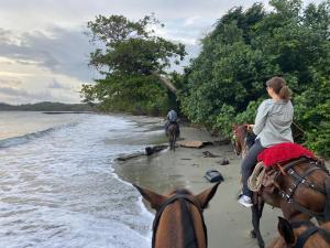 a group of people riding horses on the beach at Mareselva Lodge in Acanti