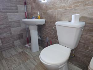 a bathroom with a white toilet and a sink at This apartment blends elegance and calm in Mills Center
