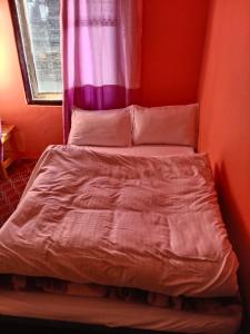 a bed in a room with a purple curtain at Hotel sangam kalinchok kuri in Dolakhā