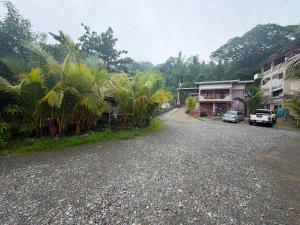 a gravel road with palm trees and a building at RF Hotel Transient House in Bangued +7 photos