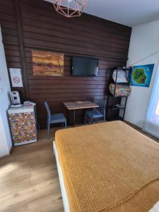 a bedroom with a bed and a table and a tv at Chez Frida in Entre-Deux