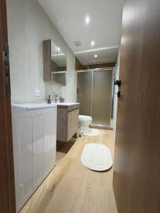 a bathroom with a sink and a toilet in it at Makridakis apartments in Rethymno +15 photos