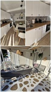 a kitchen with white cabinets and a table and a room at Summer House Moschovi in Skala Potamias