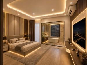 a bedroom with a bed and a tub and a television at Hoàng Vũ VILLA in Nhâm Lăng