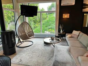 a living room with a couch and a tv at Le RuissO - Spa et Confort in Brownsburg