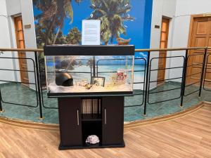 a stand with a fish tank in a room at Narva Center Aparthotel in Narva
