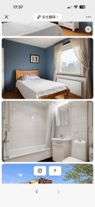 two pictures of a bedroom with a bed and a window at Paradise in Lidingö