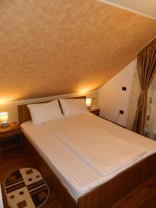 a bedroom with a large bed with white sheets at Alpenhaus in Voineasa +44 photos