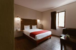 a hotel room with a bed and a window at Hotel Guivá Aeropuerto in Oaxaca City