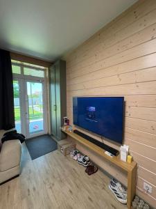 a living room with a large flat screen tv at Relax Lux in Mykolaivka