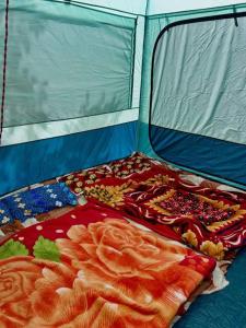 a bed in a tent with clothes on it at Gurez valley camping site in Gurais