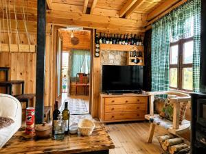 a living room with a television in a wooden cabin at Konak in Podgorica