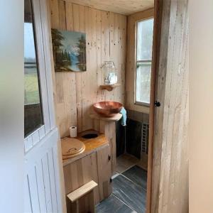 a bathroom with a sink in a wooden wall at Le Salon des Inconnus in Namur +80 photos