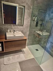 a bathroom with a sink and a shower at Sky Apartment , 22th Floor Mercury Tower in St. Julianʼs +3 photos