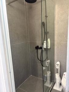 a shower with a glass door in a bathroom at Yialos Kalamos in Kalamos