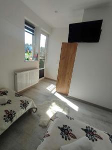 a bedroom with two beds and a dog laying on the floor at Apartament i Pokoje u Moniki in Witów