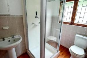 a bathroom with a shower and a toilet and a sink at Beach Cabin with a pool in Port Alfred +15 photos