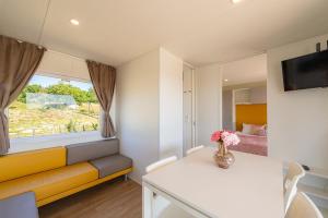 a room with a couch and a table with a vase of flowers at Vela Stina Mobile home in Roč
