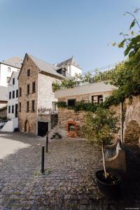 a small tree in a pot on a brick street at Haus Auf der Zinn in Beilstein